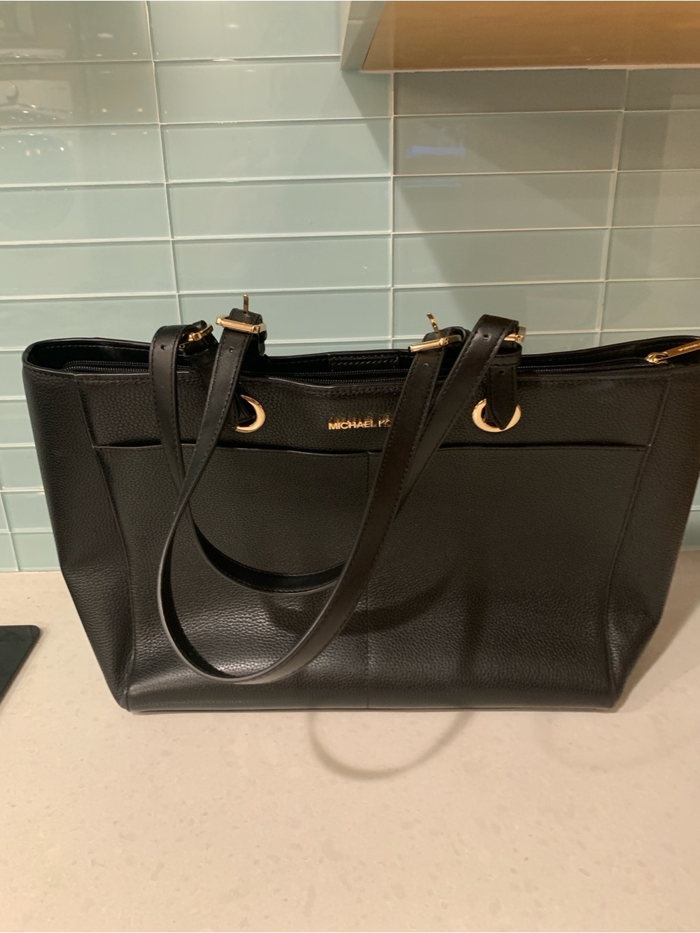 Michael Kors Black Pebbled Leather Large Fit Laptop Zip 2 Handle Tote no flaw